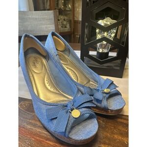 Denim Blue Peep Toe Wedge Espadrille Heels Women's Size 7.5 Bow Detail Comfort